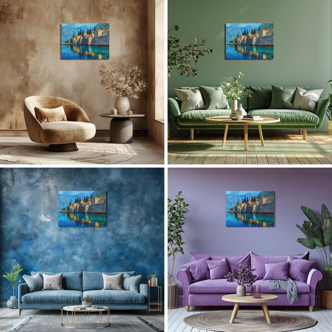 Mediterranean Harbor Village Colorful Waterfront Canvas Wall Art