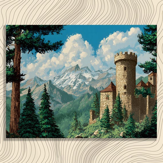 Retro Pixel Castle Canvas Wall Art Medieval Fantasy Mountain Landscape Print Gaming Decor Painting Nature Tower Gift