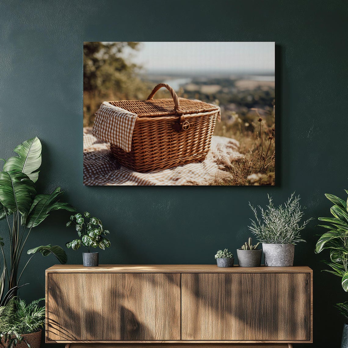 Wicker Picnic Basket Gingham Blanket Sunlit Hillside Country Poster