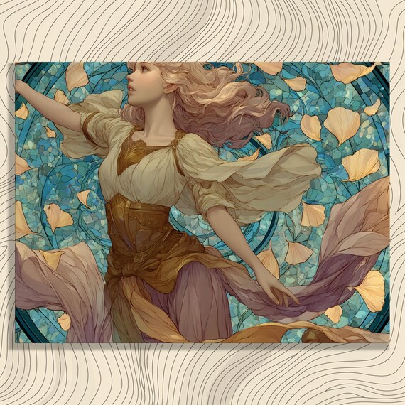 Art Nouveau Woman Flowing Gown Ginkgo Mosaic Elegant Wall Art