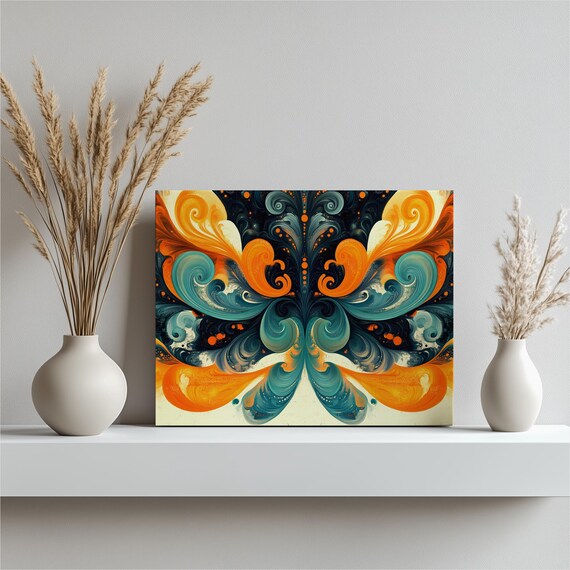 Teal And Orange Mandala Swirl Canvas Wall Art Ornate Abstract Pattern For Modern Decor