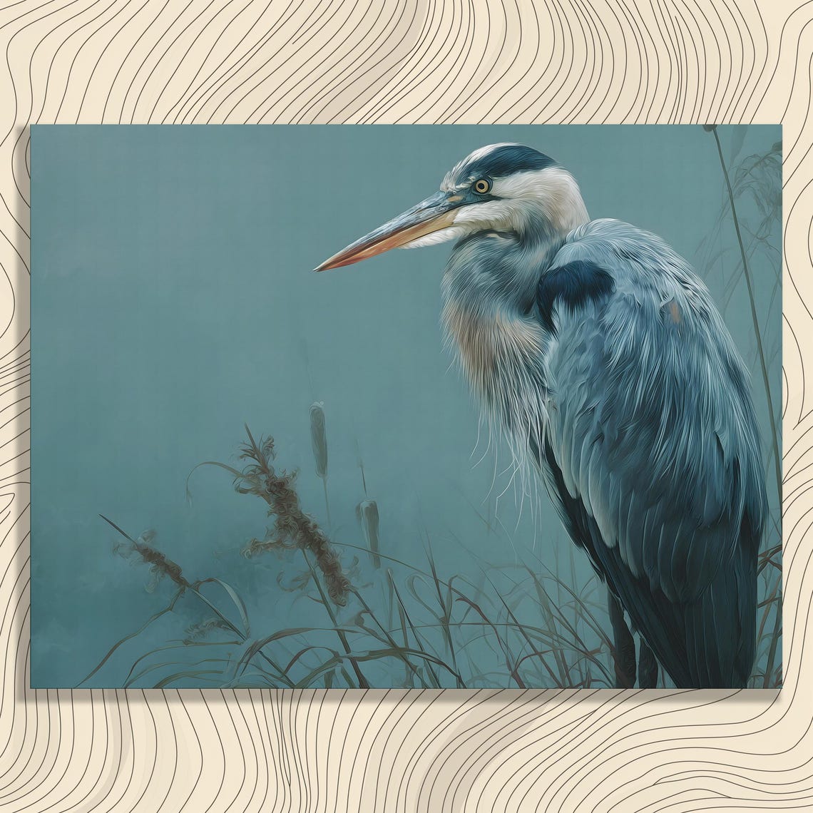 Great Blue Heron Misty Marsh Teal Wildlife Bird Portrait Art Poster
