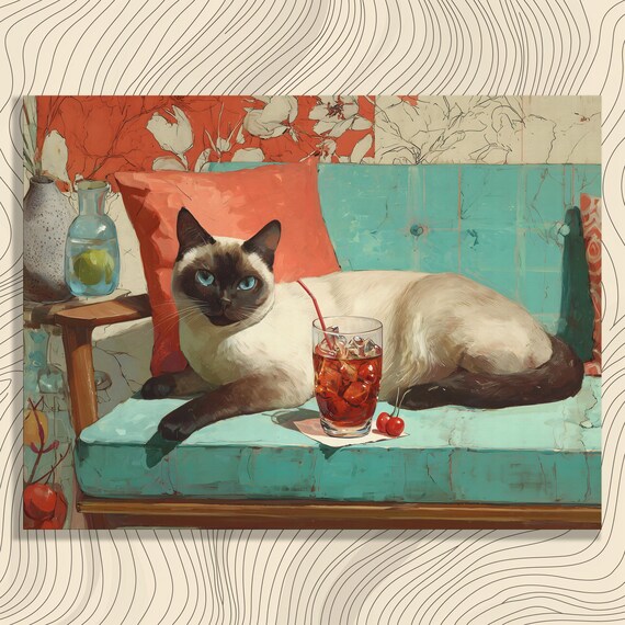 Siamese Cat Lounging Cherry Drink Mid Century Turquoise Sofa Poster