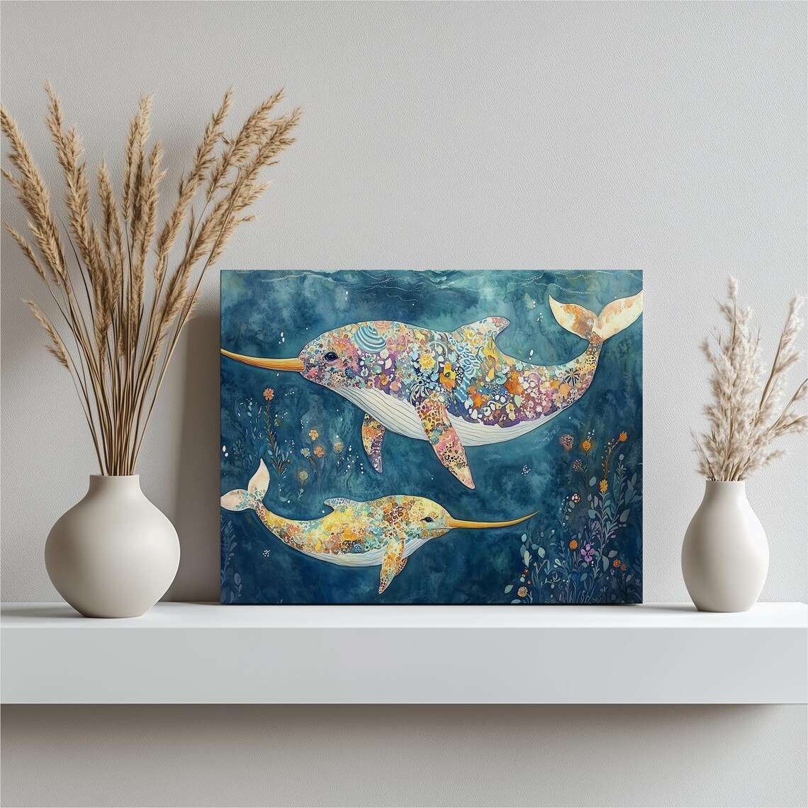 Narwhal Mother and Calf Floral Watercolor Arctic Ocean Wall Art