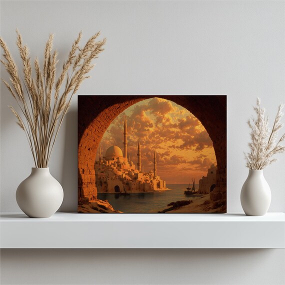 Mosque At Sunset Minarets Golden Sky Through Stone Arch Art Poster