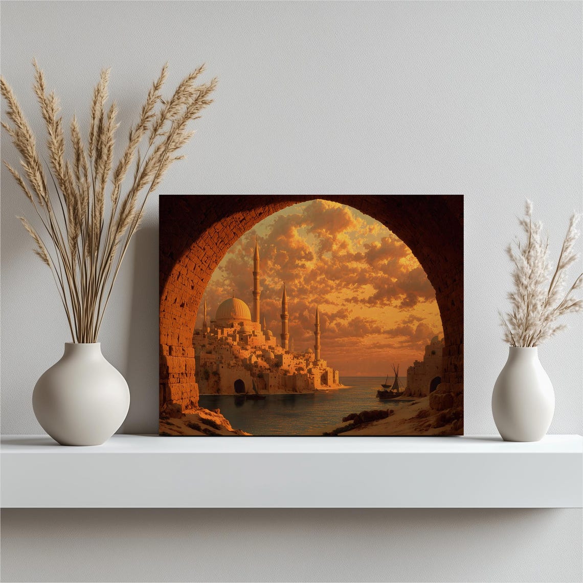 Mosque At Sunset Minarets Golden Sky Through Stone Arch Art Poster