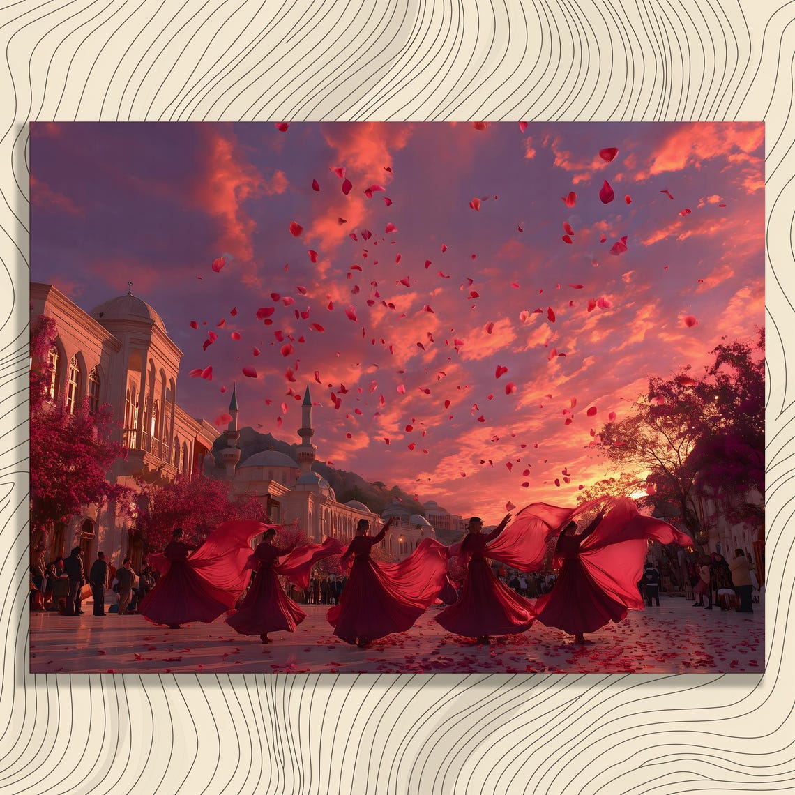 Red Whirling Dancers Rose Petals Sunset Turkey Canvas Wall Art