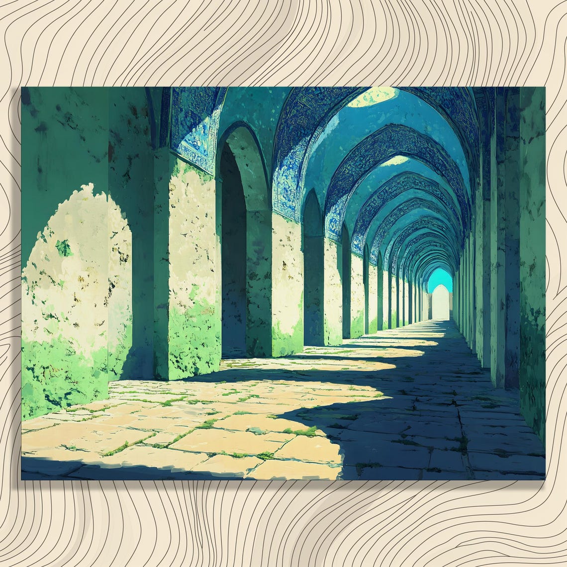Sunlit Blue Tiled Arcade Corridor Islamic Architecture Poster