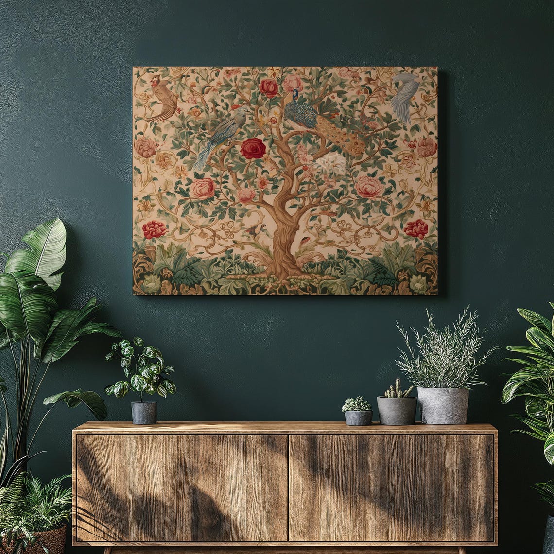 Peacock Garden Tapestry Canvas Wall Art Vintage Botanical Print With Exotic Birds