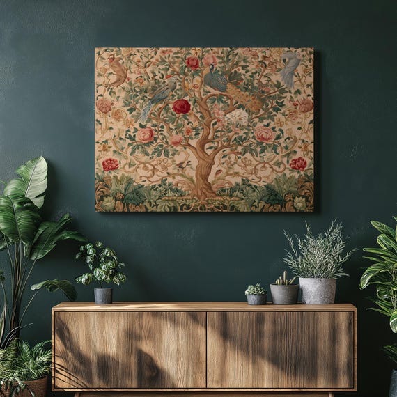 Peacock Garden Tapestry Canvas Wall Art Vintage Botanical Print With Exotic Birds