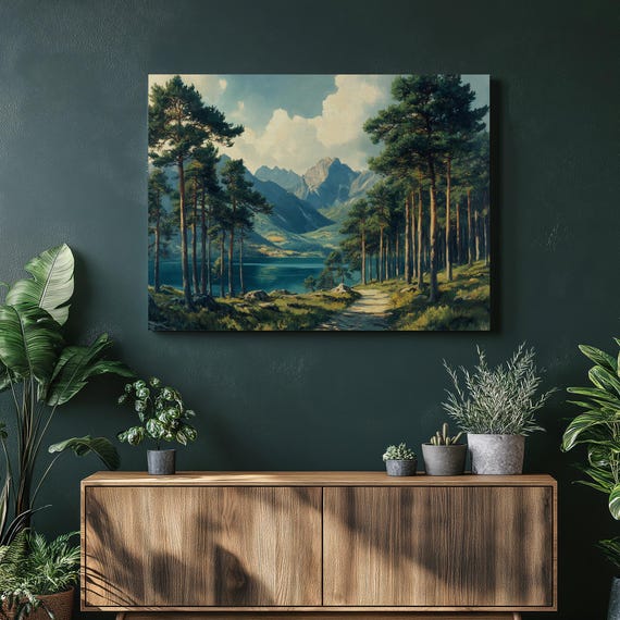 Norway Canvas Wall Art Serene Landscape Illustration Vibrant Scenery High Detail Rich Colors Majestic Pine Trees Tranquil Scene Decor