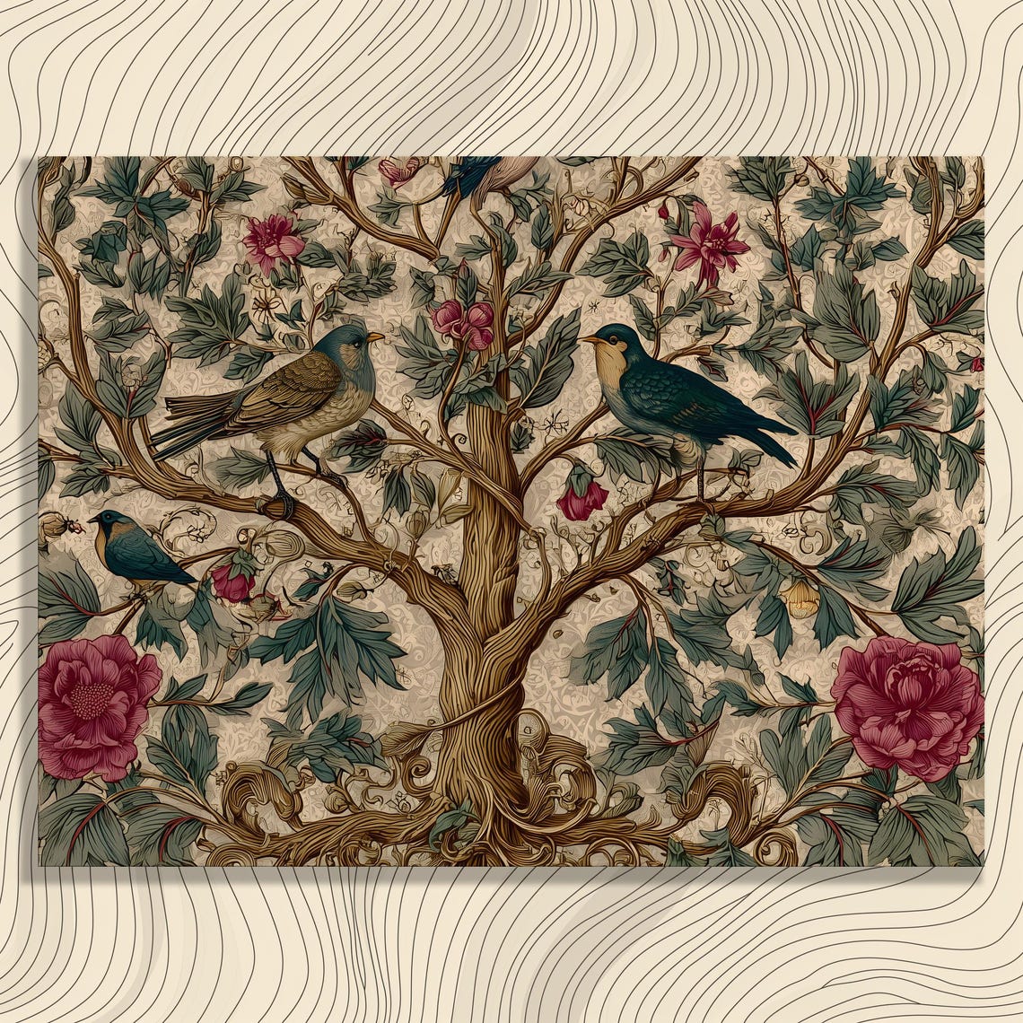 Enchanting Bird Tree Canvas Wall Art Vintage Botanical Print Floral Rustic Garden Decor Antique Style Illustration