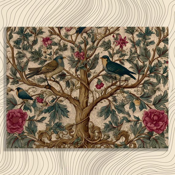 Enchanting Bird Tree Canvas Wall Art Vintage Botanical Print Floral Rustic Garden Decor Antique Style Illustration