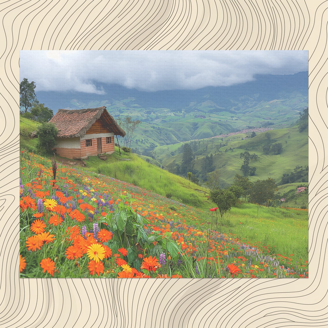 Mountain Cabin Wildflower Meadow Bloom Rustic Valley Wall Art