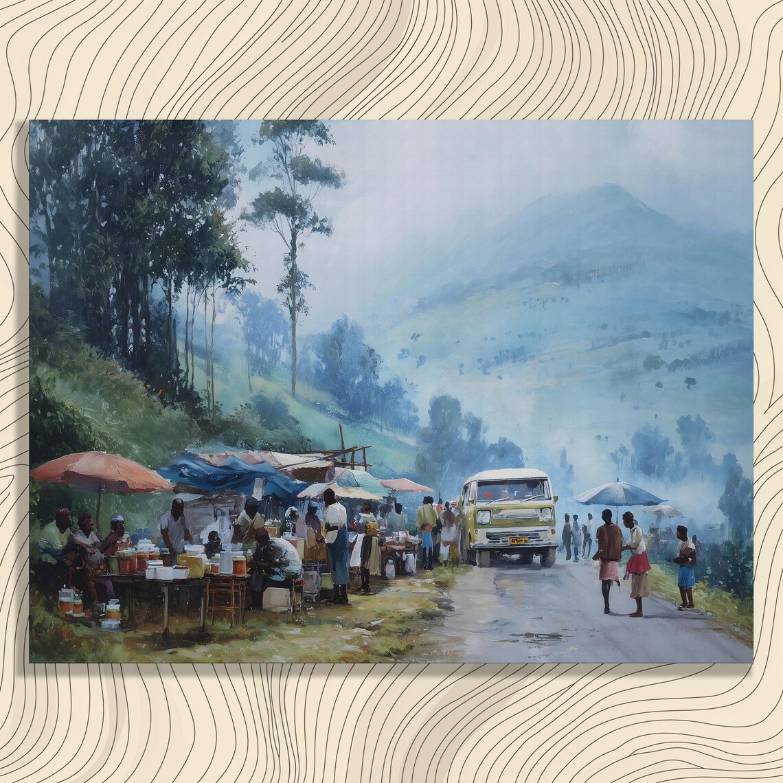 Misty Mountain Roadside Market With Vans and Stalls Wall Art