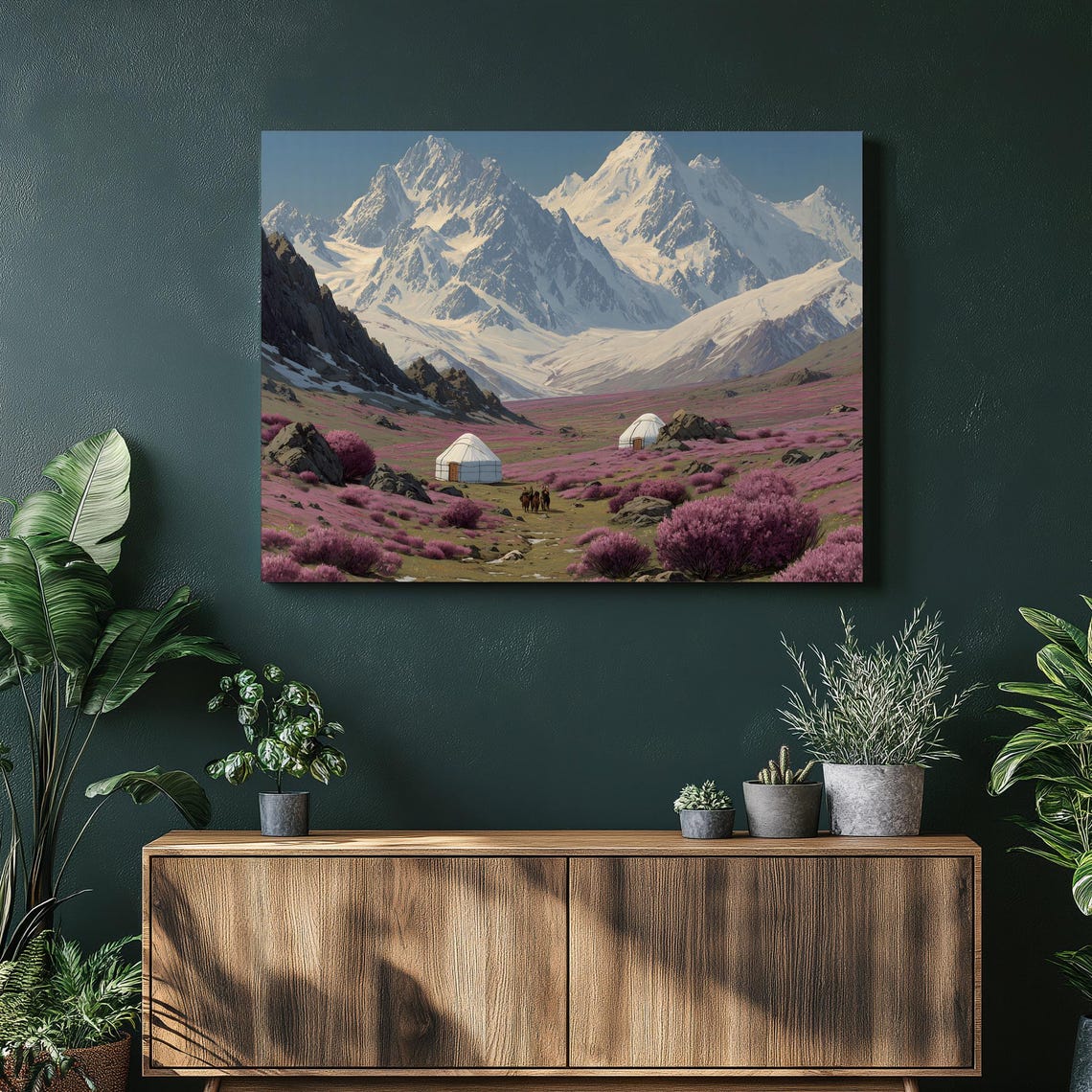 Snow Capped Mountain Valley Yurts Pink Wildflower Meadow Poster