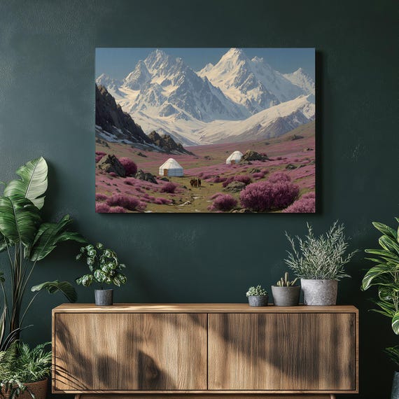 Kazakhstan Mountain Valley Canvas Wall Art Serene Peaks Over Pink Meadow