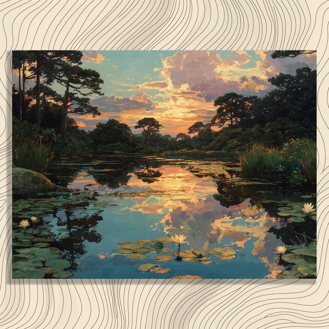 Forest Pond Sunset Water Lilies Tranquil Reflection Nature Poster
