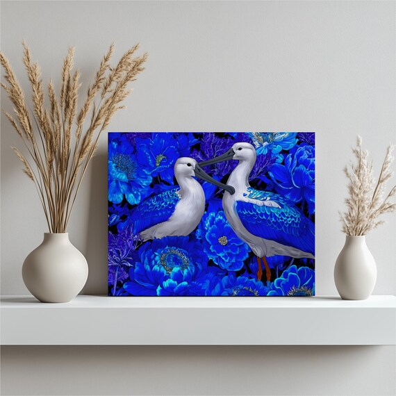 Blue Spoonbill Birds Vibrant Cobalt Floral Colorful Art Poster