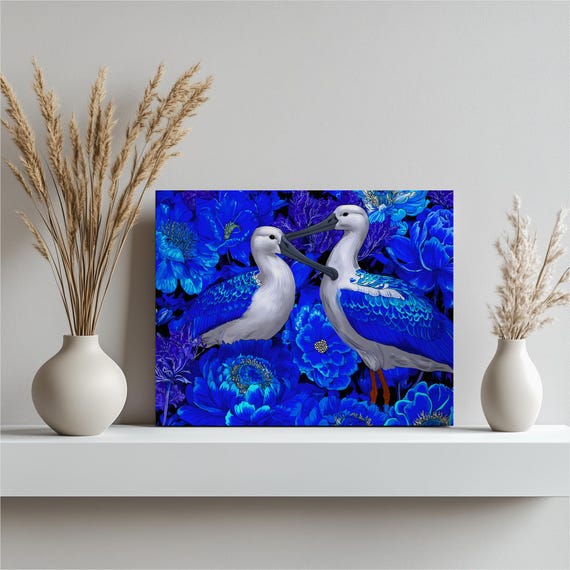 Blue Spoonbill Canvas Wall Art Vibrant Floral Print Colorful Waterbird Illustration Modern Wildlife Decor Painting