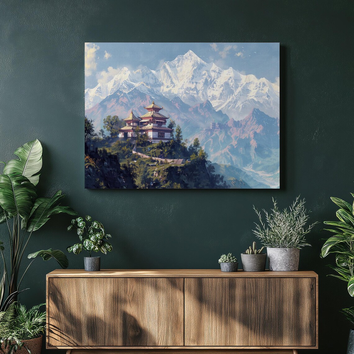 Himalayan Monastery Snow Peaks Nepal Temple Mountain Painting Poster