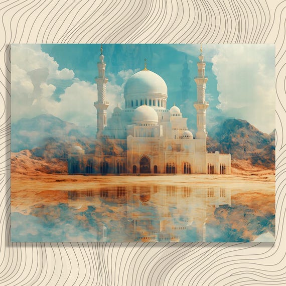 Grand Mosque Canvas Wall Art Surreal Desert Reflection Print Abstract Decor Painting Blue Beige Islamic Architecture Gift