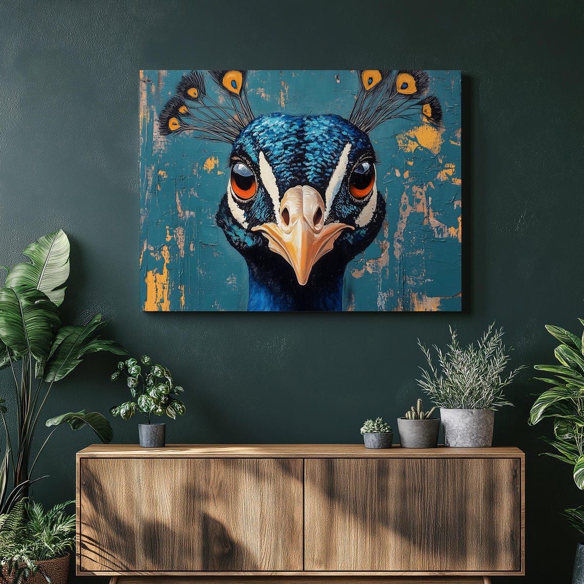 Peacock Portrait Bold Teal Graffiti Bird Close Up Striking Wall Art
