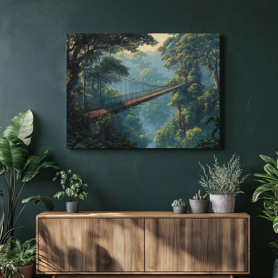 Tropical Jungle Bridge Canvas Wall Art Misty Rain Forest Walkway Over Lush Canopy Nature Landscape Print With Trailing Vines Green Decor