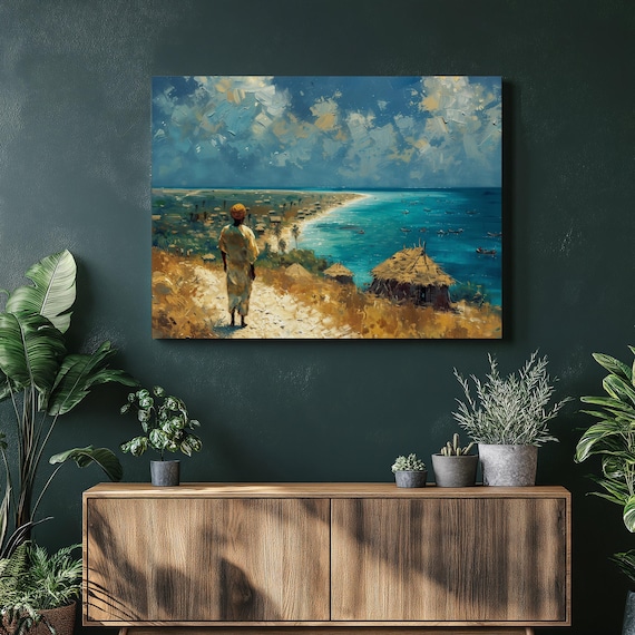 Fisherman Overlooking Tropical Coast Bay Impasto Painting Poster