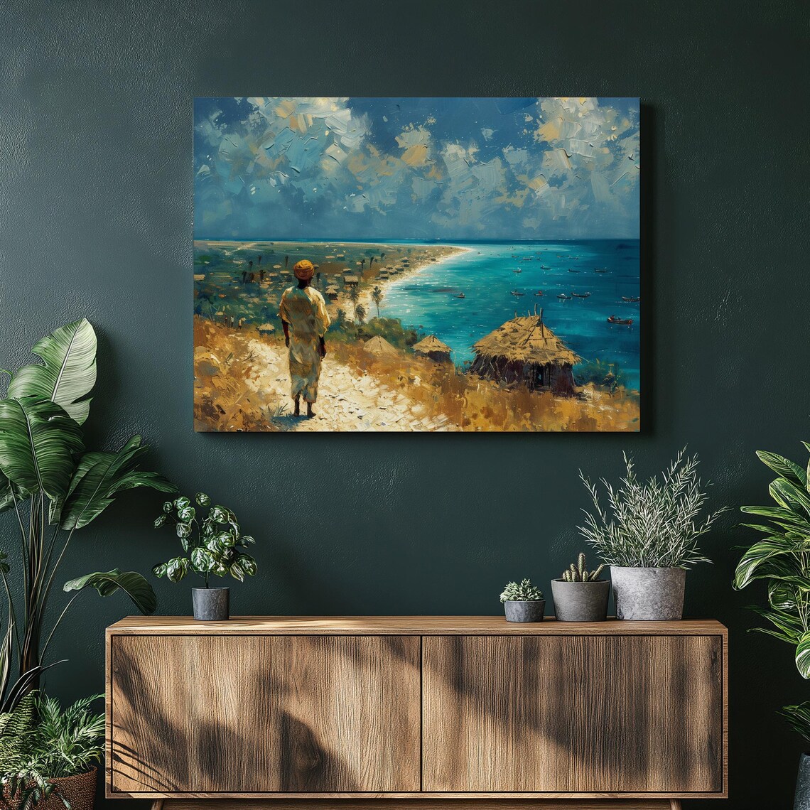 Fisherman Overlooking Tropical Coast Bay Impasto Painting Poster