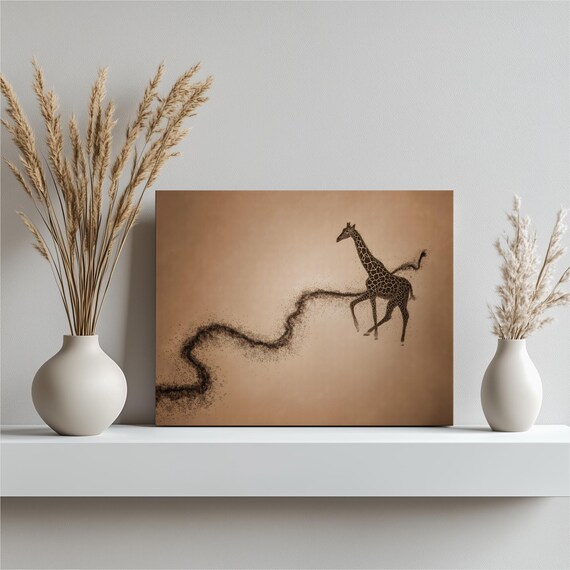 Abstract Giraffe Silhouette Canvas Wall Art Sepia Minimalist Wildlife Decor Animal Dust Trail Artwork Modern Print