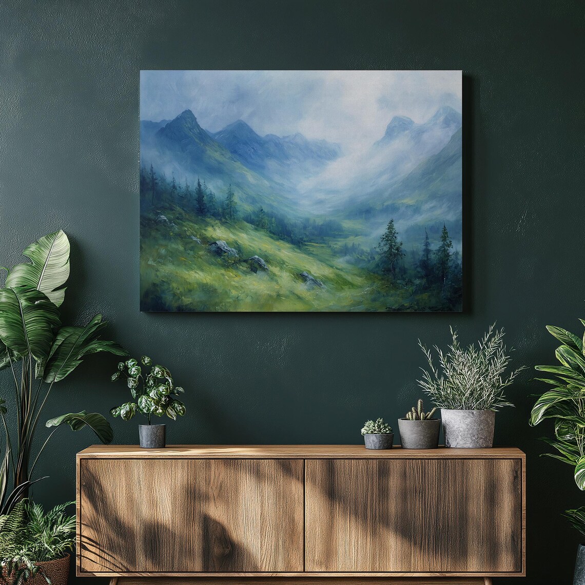 Misty Blue Mountain Valley Oil Painting With Foggy Peaks Poster