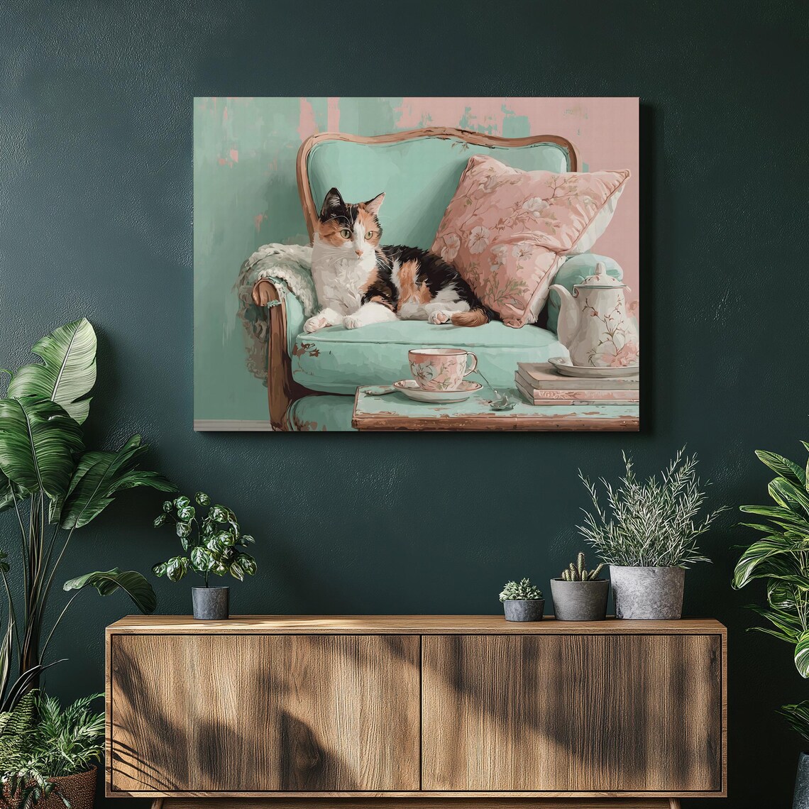 Calico Cat On Mint Armchair With Tea Pastel Feline Portrait Poster