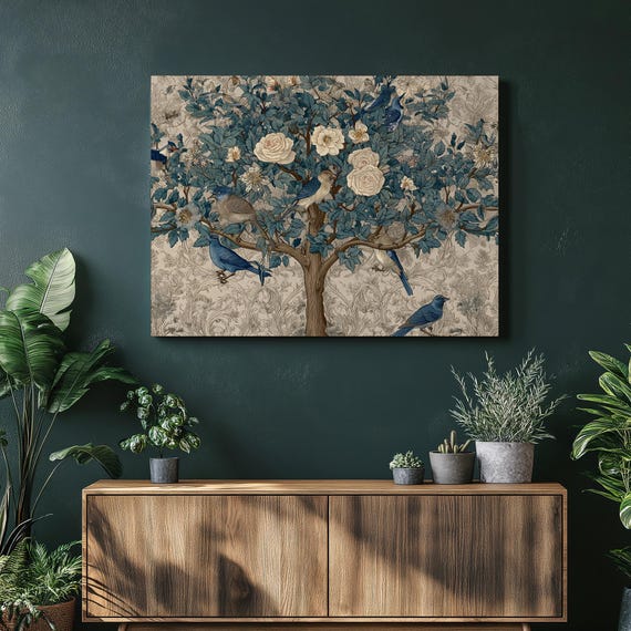 Vintage Blue Bird Canvas Wall Art Botanical Rose Garden Wallpaper Print Nature Decor Tapestry Tree Illustration Antique Motif Ornament