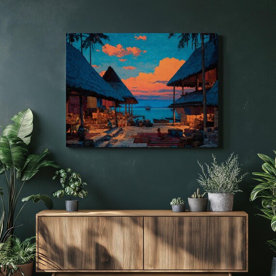 Tropical Beach Village Sunset Ocean Painting Island Art Poster