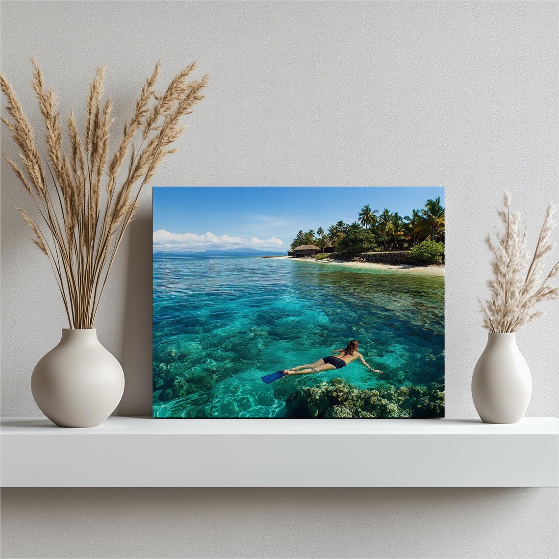 Woman Snorkeling Over a Coral Reef Turquoise Ocean Photo Poster