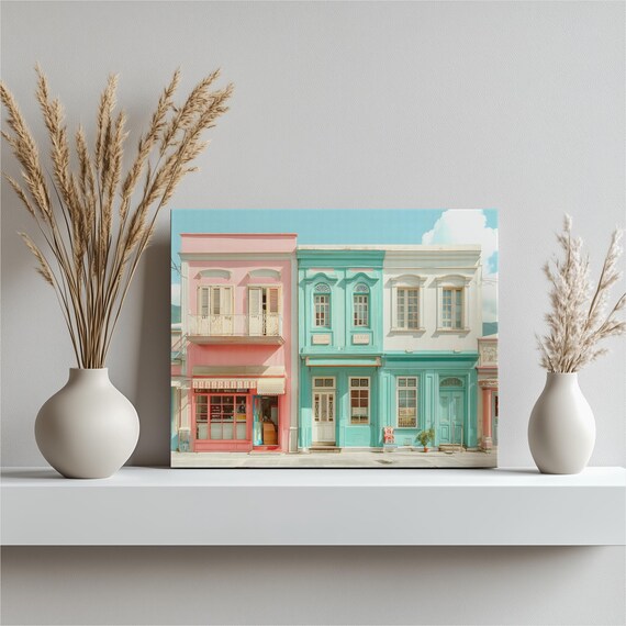 Pastel Storefront Cityscape Canvas Wall Art Vibrant Facade Print Urban Decor Travel Photography Pink Teal City Scene Gift Facades