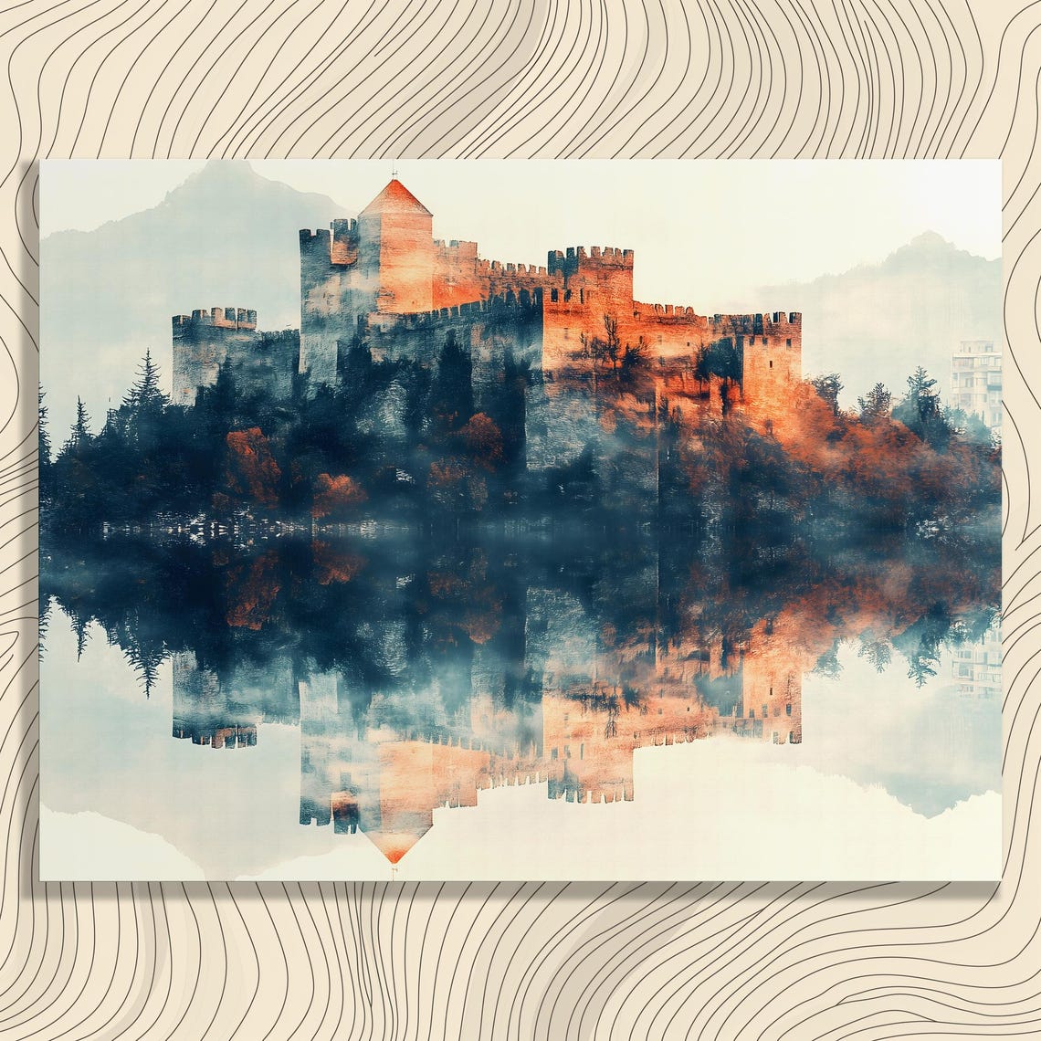 Medieval Castle Mirror Lake Reflection Misty Mountains Poster