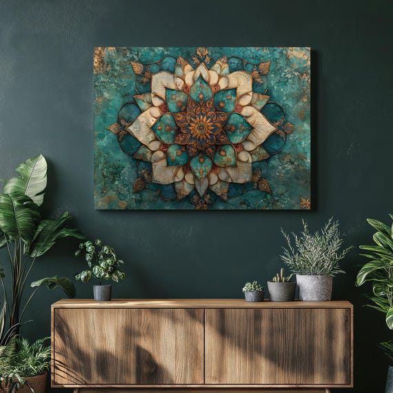 Turquoise Mandala Canvas Wall Art Geometric Floral Star With Gold Accents