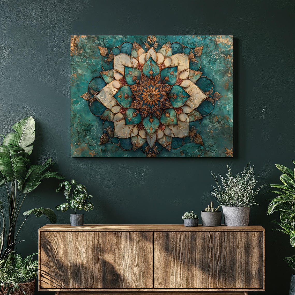Turquoise Mandala Floral Geometric Ornate Gold Medallion Style Print