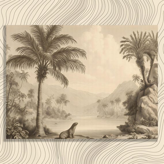 Vintage Sea Lion Canvas Wall Art Sepia Palm Trees Tropical Landscape Coastal Decor Beach Illustration Engraving Stone Lithograph