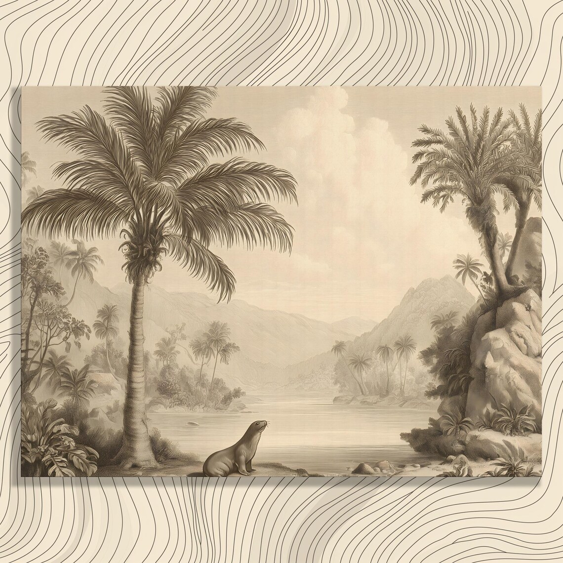 Vintage Sepia Sea Lion Palm Jungle Tropical Landscape Wall Art