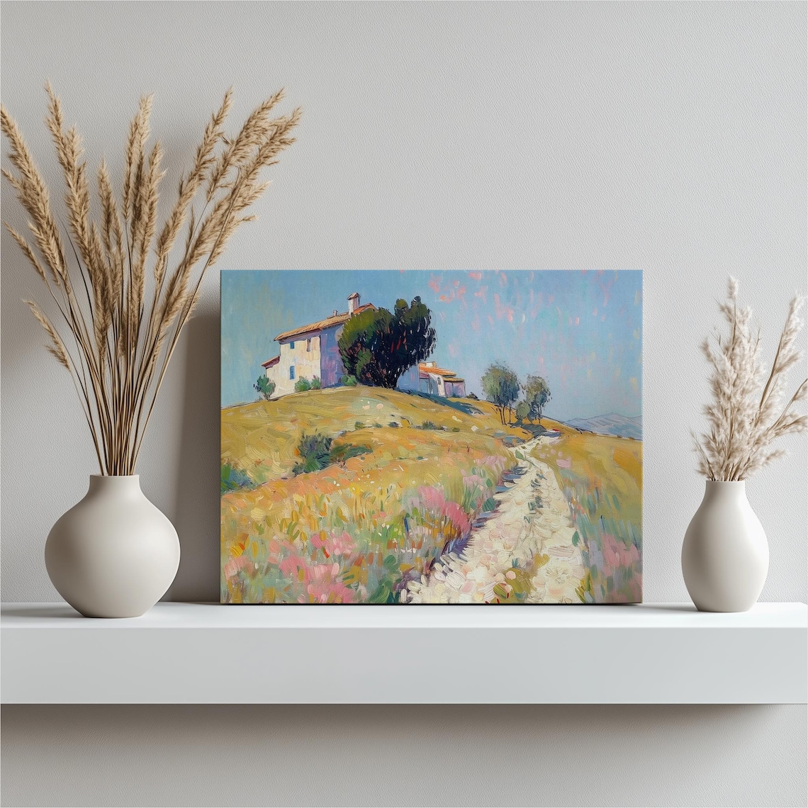 Sunlit Hilltop Farmhouse Golden Meadow Impressionist Wall Art