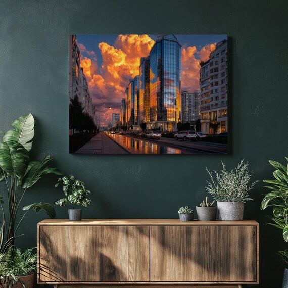 Modern City Skyline Canvas Wall Art Sunset Urban Street Scene With Glass Skyscraper Reflections Cityscape Print Evening Sky Decor