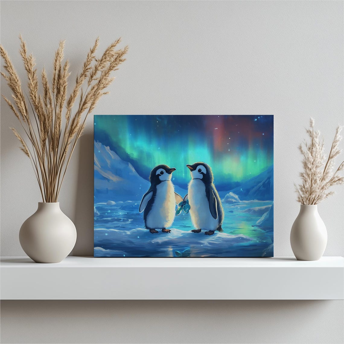 Baby Penguins Aurora Borealis Ice Night Heartwarming Nature Wall Art