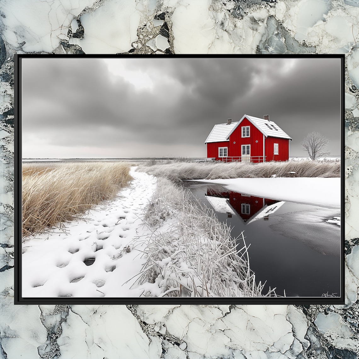 Red Wooden House Frozen Lake Winter Snow Landscape Photo Poster