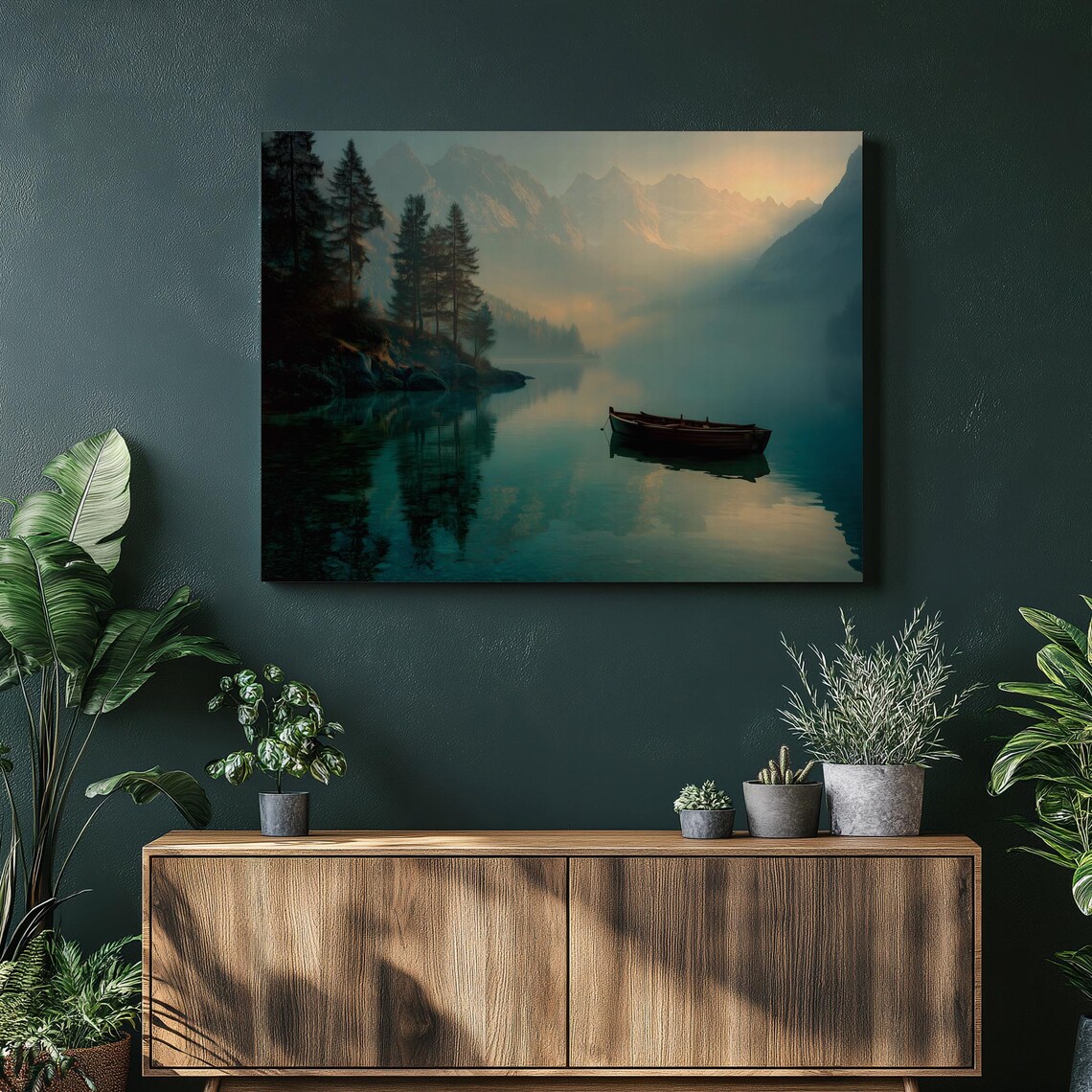 Misty Mountain Lake Lone Canoe at Dawn Landscape Photo Poster