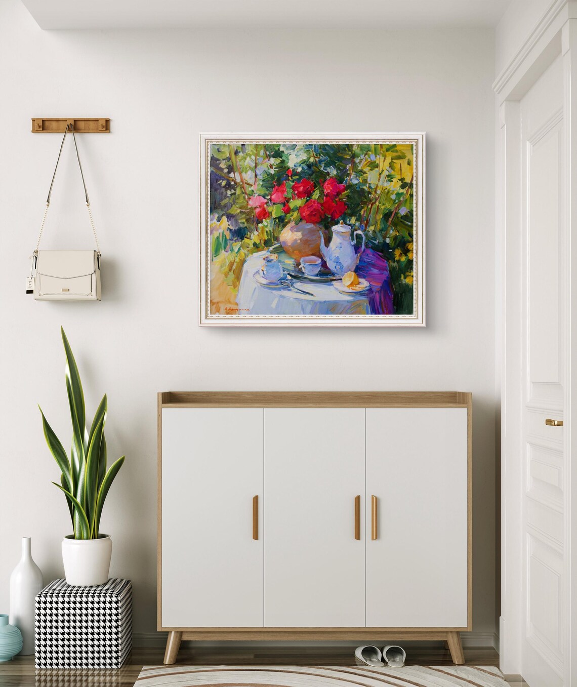 Romantic Tea Setting With Red Roses, Impressionist Oil