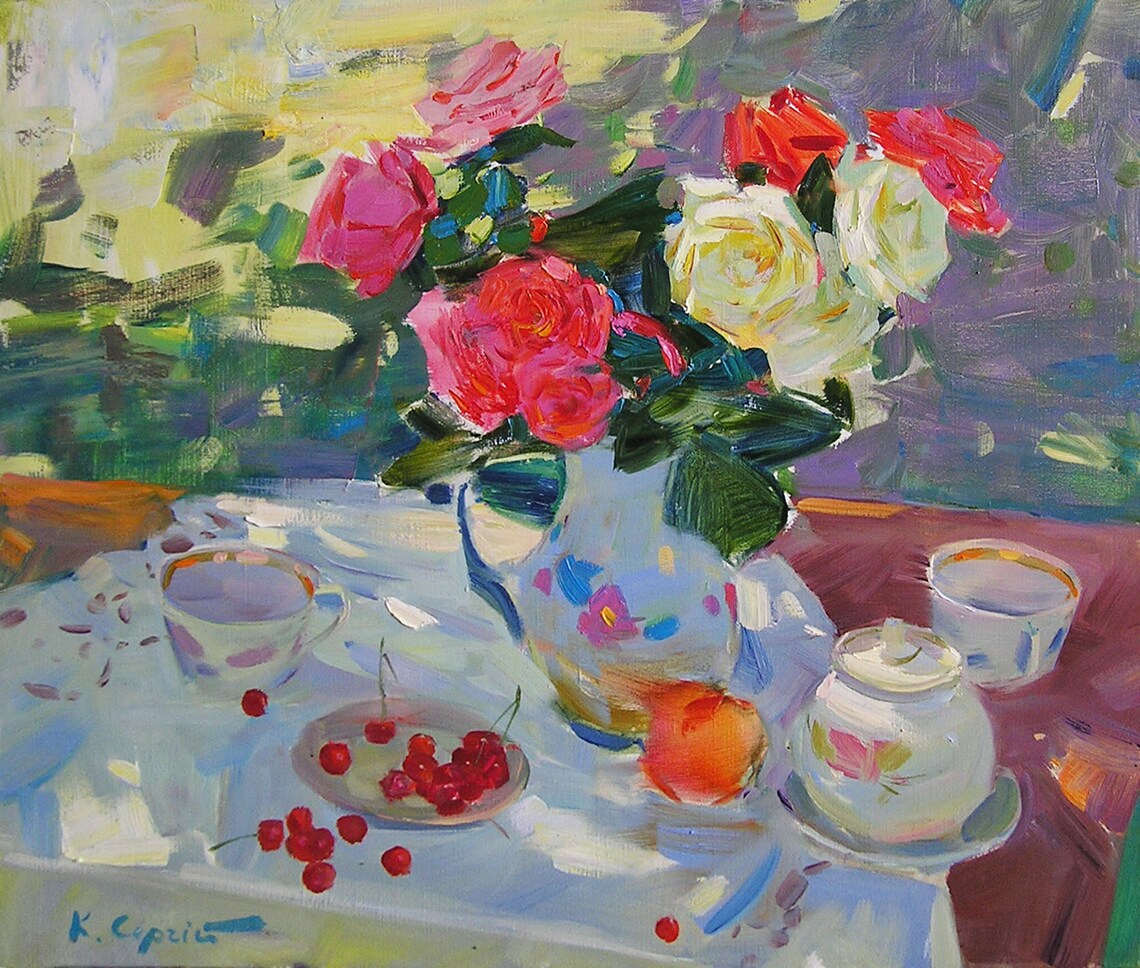 Still Life With Roses And Cherries, Floral Art - Image 3