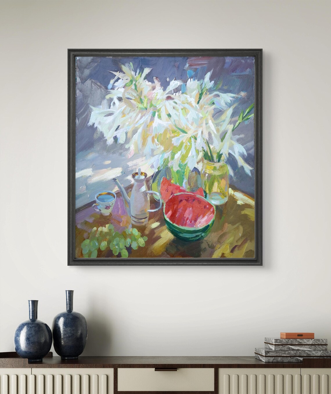Still Life With White Lilies, Watermelon And Grapes - Image 2